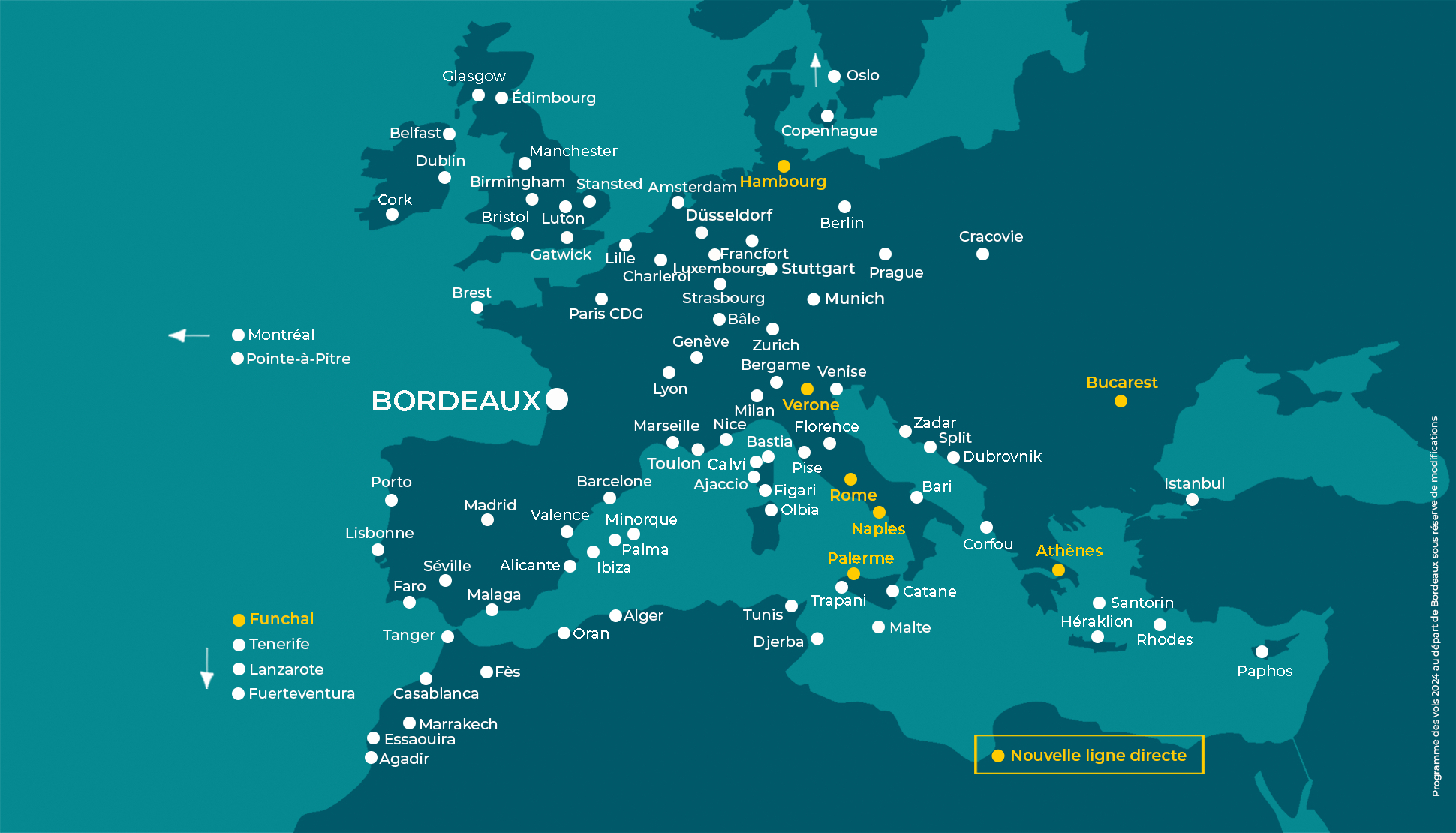 La carte des destinations pour le printemps/été 2024 © SA Aéroport de Bordeaux-Mérignac